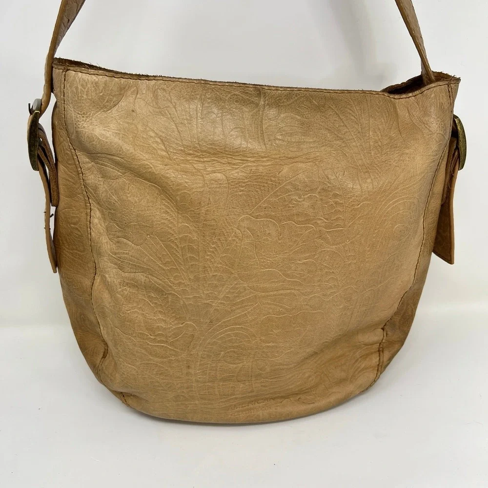 American Leather Co Embossed Leather Shoulder Bag Tan Brown Hobo Tote Purse